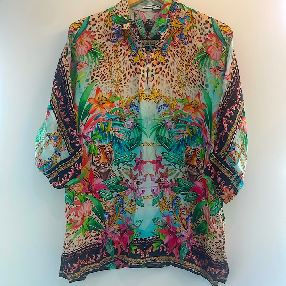Johnny Was 100% silk, multi leopard and flower print tunic with 2 button closure